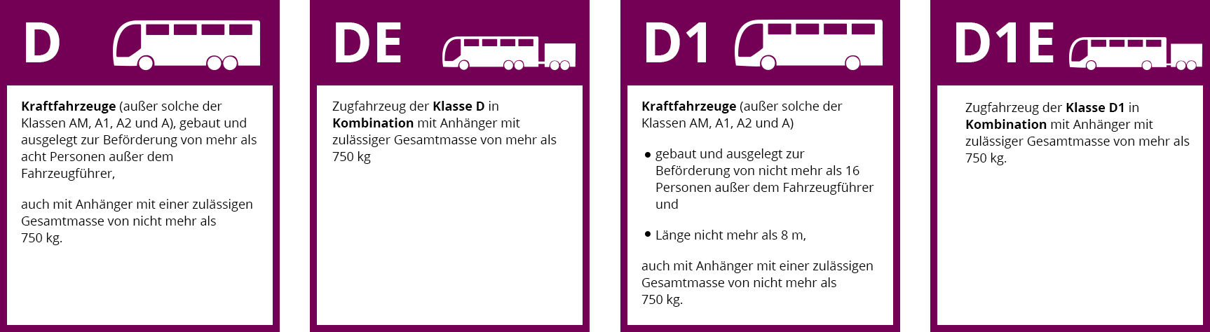 Beschreibungen zu den Klassen D, DE, D1, D1E